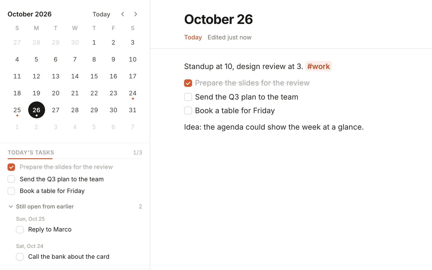 The agenda, with a calendar, today's tasks and the day's note